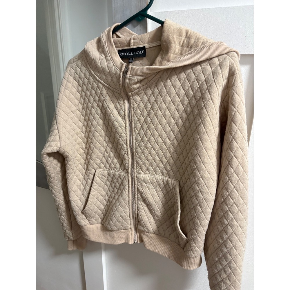 Kendall Kylie Tan Quilted Zip Up Hoodie Sweatshirt Beige Diamond Pattern Size M‎
